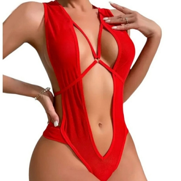Valentine's Day Lingerie Sexy Red Strappy Teddy - Picture 3 of 3